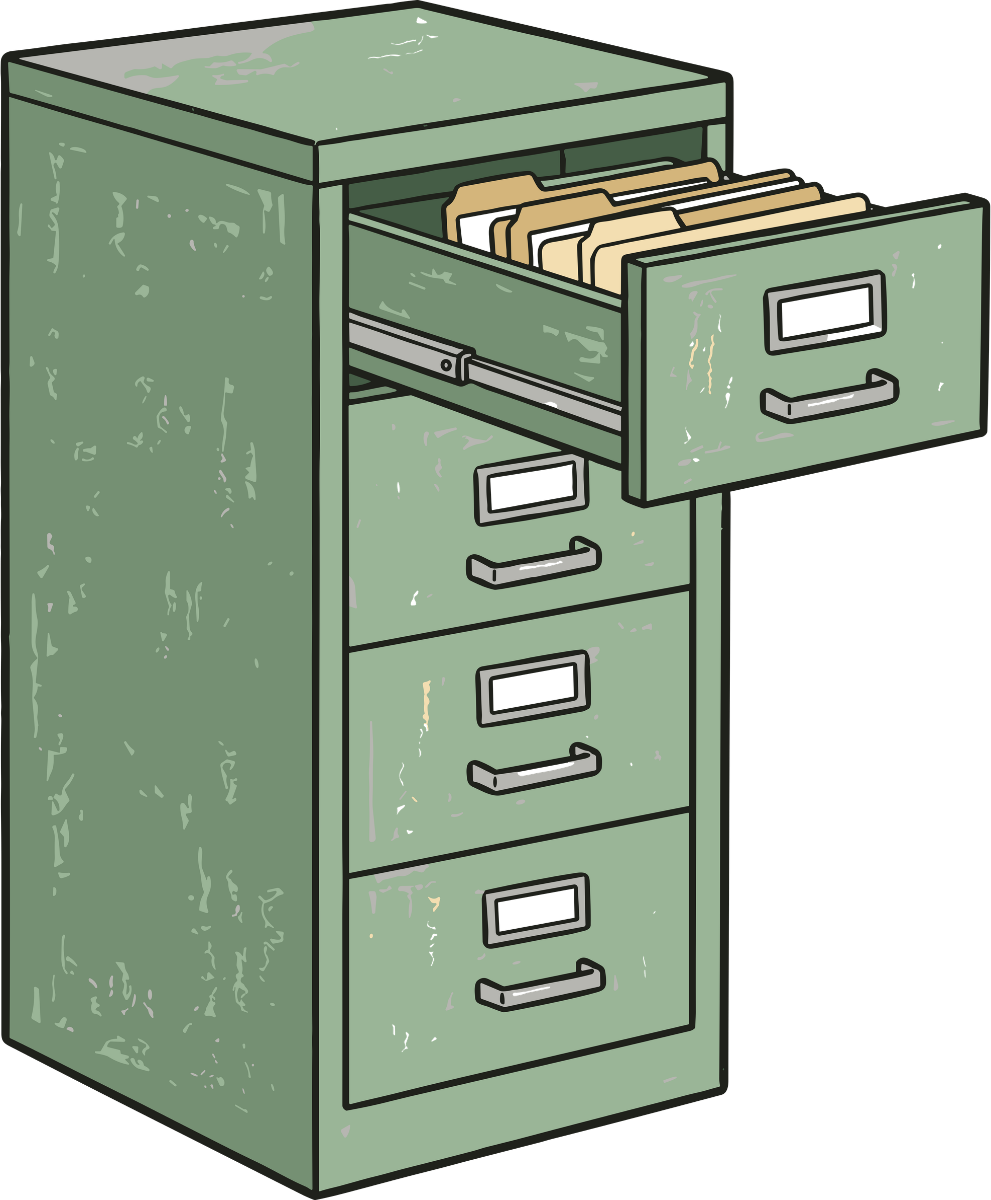 Green filing cabinet with one drawer open