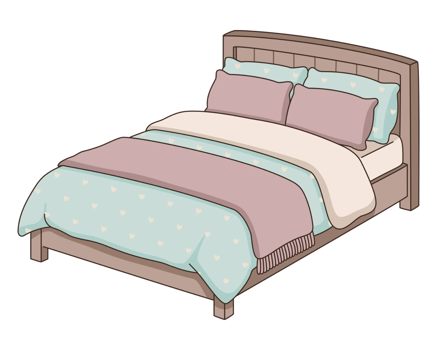 A cozy blush, aqua and cream bed