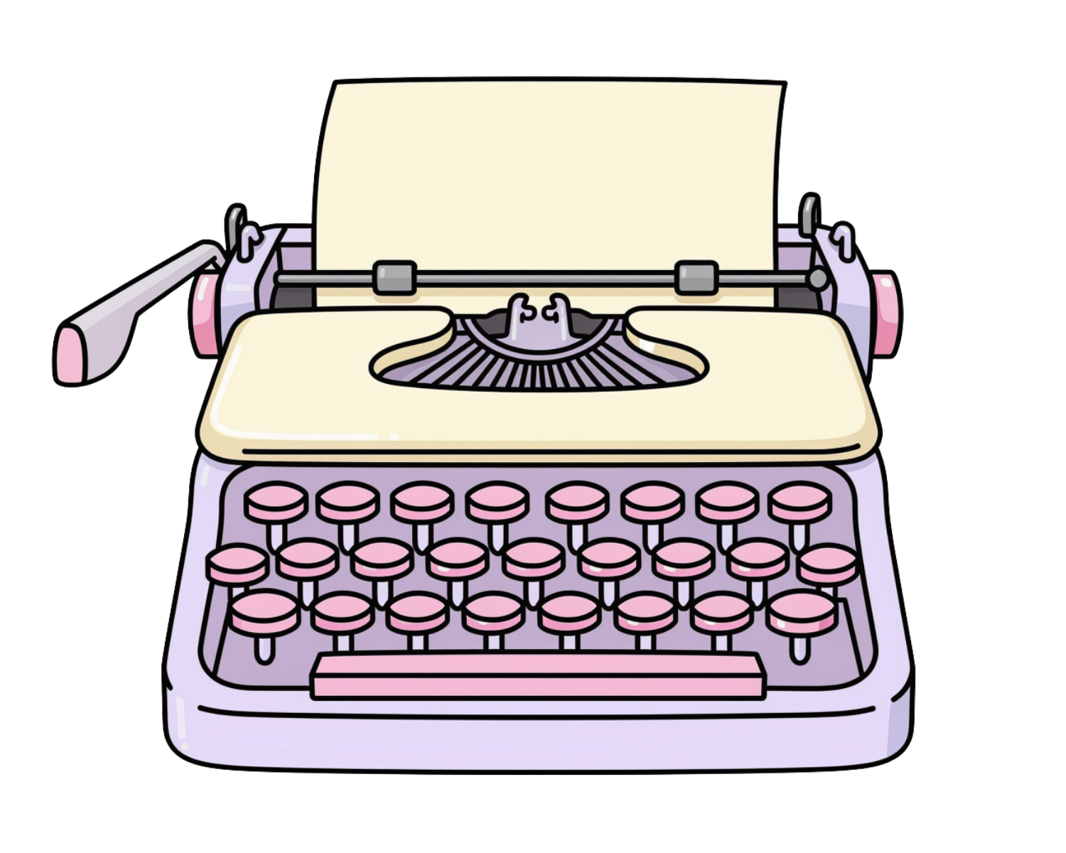 Front-facing lavender and pink vintage typewriter with paper