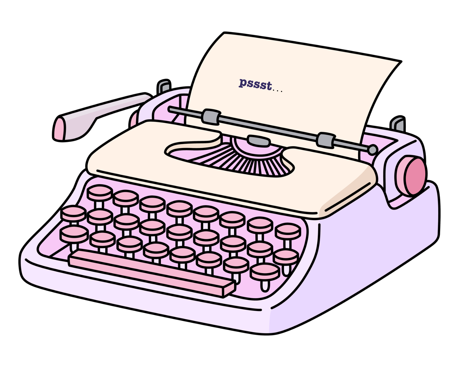 Pastel lavender typewriter with a mysterious pssst message on the paper