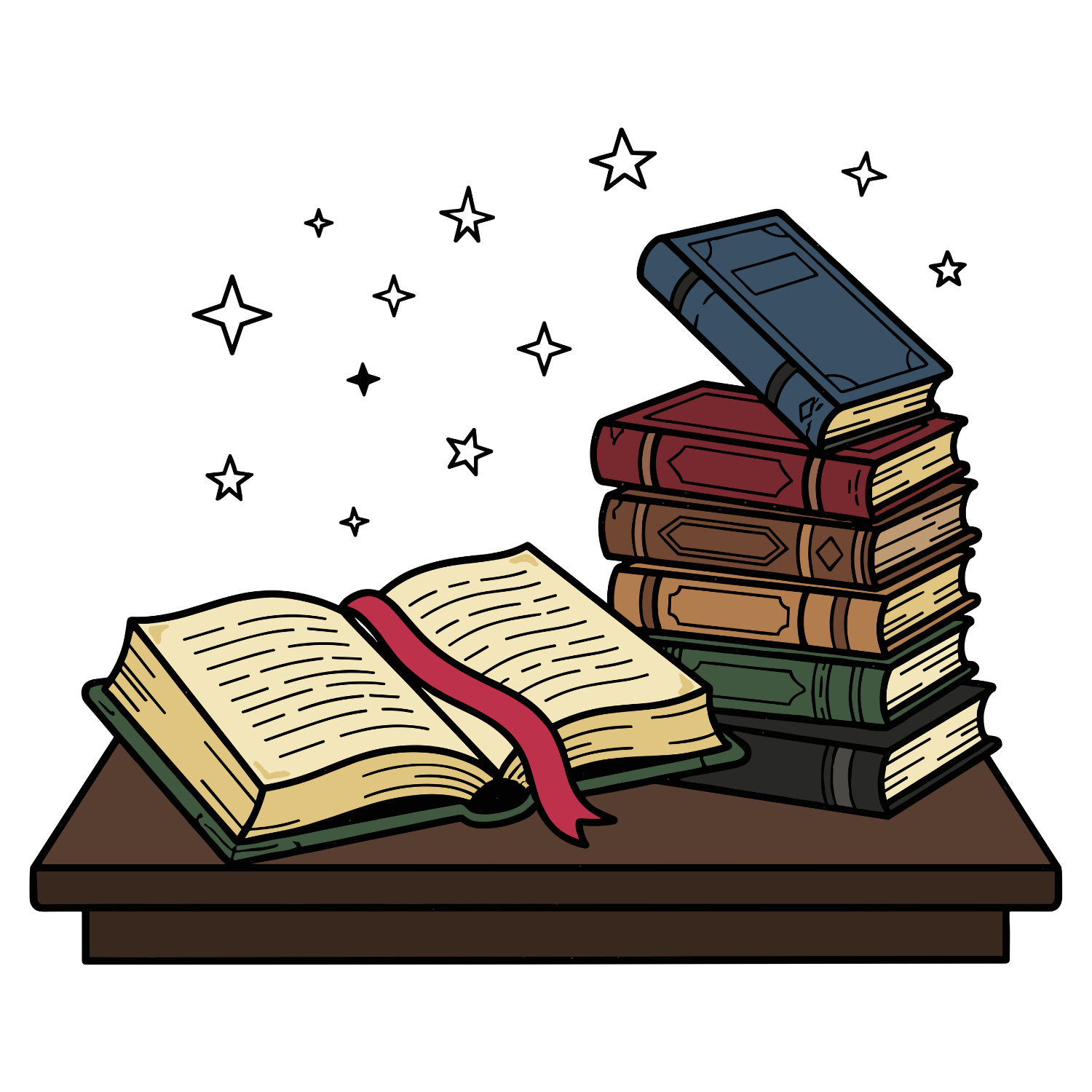 An open book beside a stack of old books